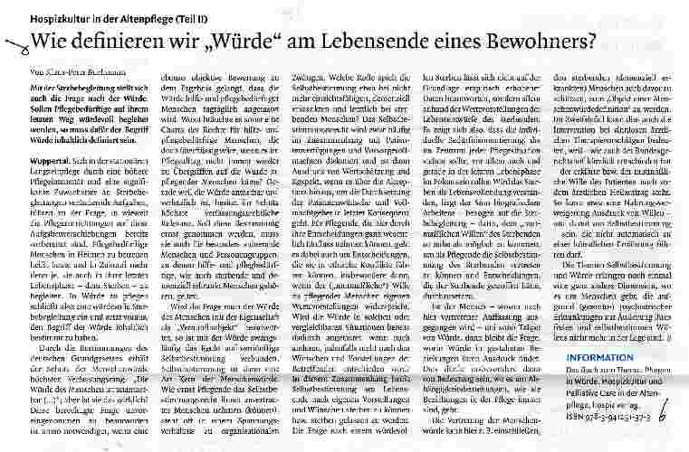 Vorschauseite 1: Hospizkultur in der Altenpflege (Teil II) Wie definieren wir „Würde am Lebensende eines Bewohners?