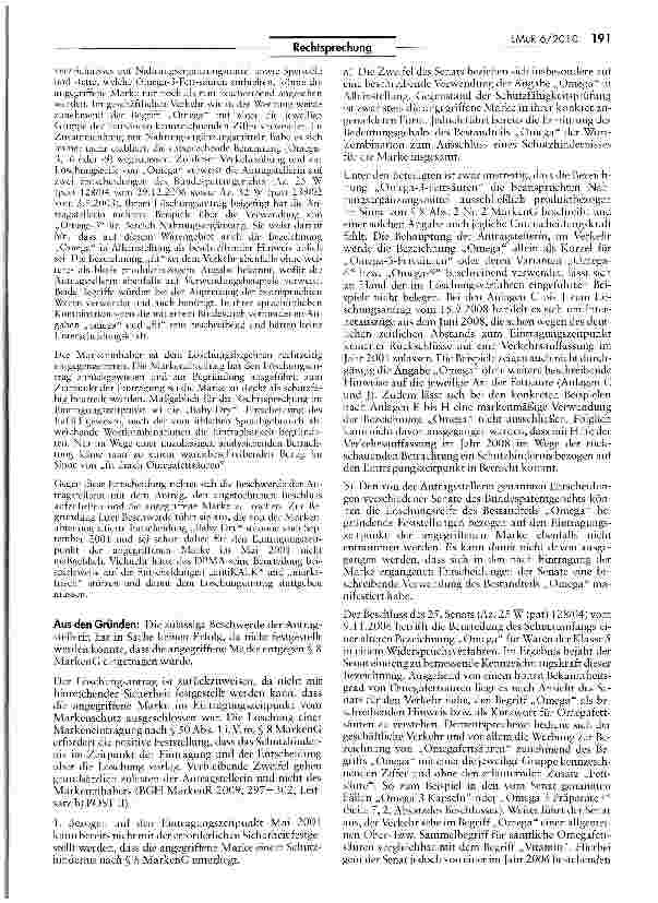 Vorschauseite 2: H Unterscheidungskraft der Marke „omega fitMarkenG §§ 8, 50, 70