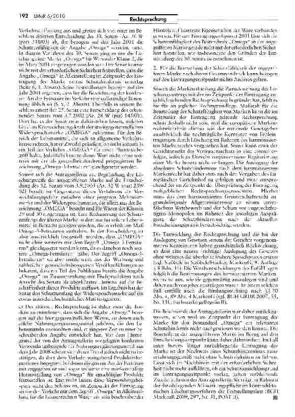 Vorschauseite 3: H Unterscheidungskraft der Marke „omega fitMarkenG §§ 8, 50, 70