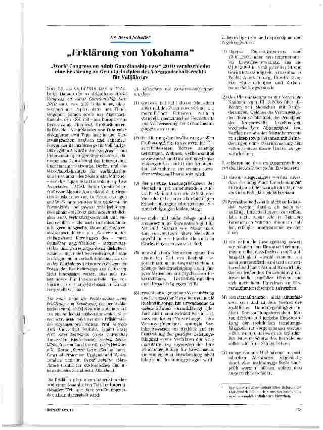 Vorschauseite 1: „Erklärung von Yokohama„World Congress on Adult Guardianship Law 2010 verabschiedet eine Erklärung zu Grundprinzipien des Vormundschaftsrechtsfür Volljährige