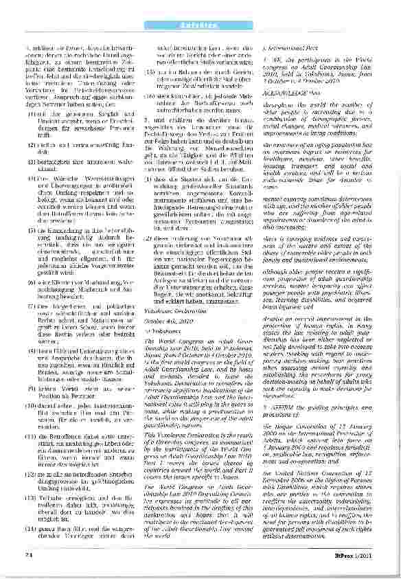 Vorschauseite 2: „Erklärung von Yokohama„World Congress on Adult Guardianship Law 2010 verabschiedet eine Erklärung zu Grundprinzipien des Vormundschaftsrechtsfür Volljährige