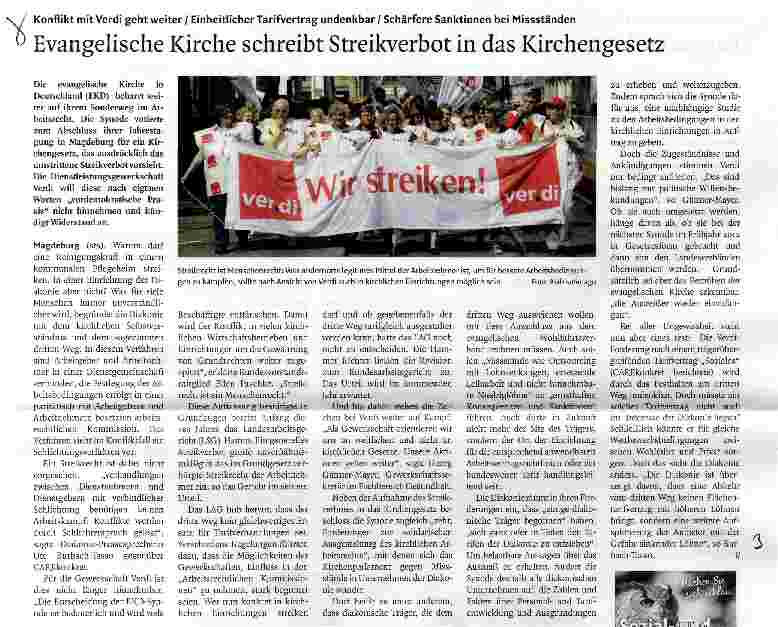 Vorschauseite 1: Evangelische Kirche schreibt Streikverbot in das Kirchengesetz