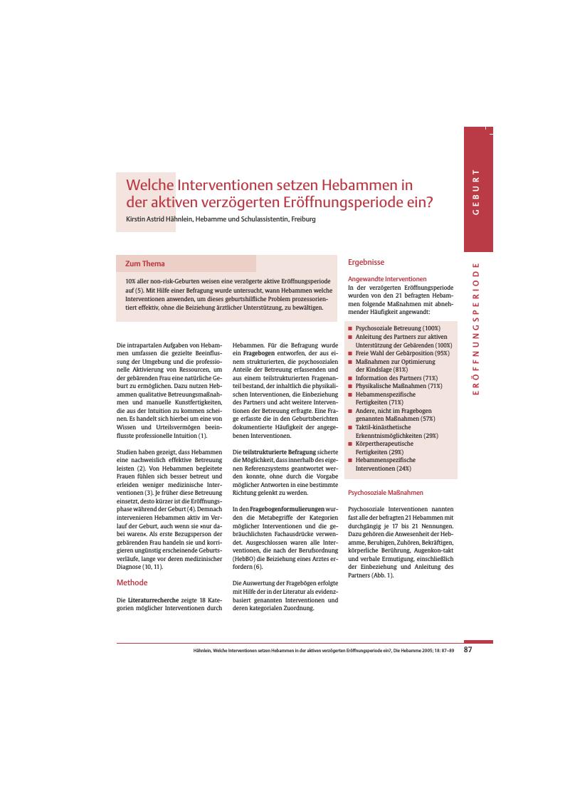 Vorschauseite 1: Welche Interventionen setzen Hebammen in der aktiven verzögerten Eröffnungsperiode ein?