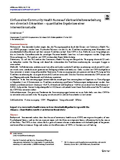 Vorschauseite 1: Einfluss einer Community Health Nurse auf die Krankheitsverarbeitung von chronisch Erkrankten – quantitative Ergebnisse einer Interventionsstudie