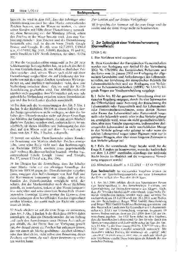 Vorschauseite 1: Zur Zulässigkeit einer Verbraucherwarnung (Gammelfleisch) LFGB § 40