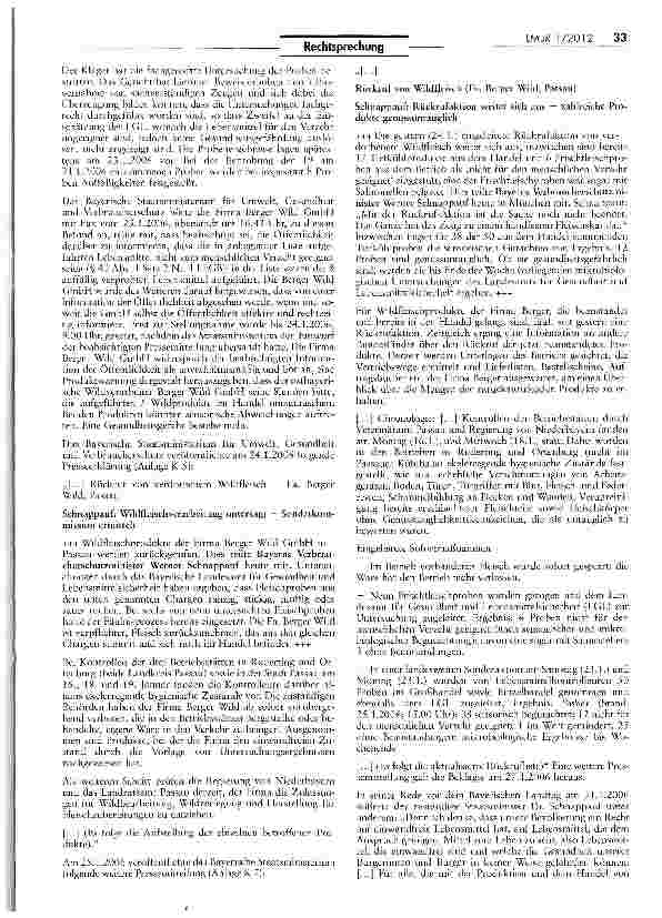 Vorschauseite 2: Zur Zulässigkeit einer Verbraucherwarnung (Gammelfleisch) LFGB § 40