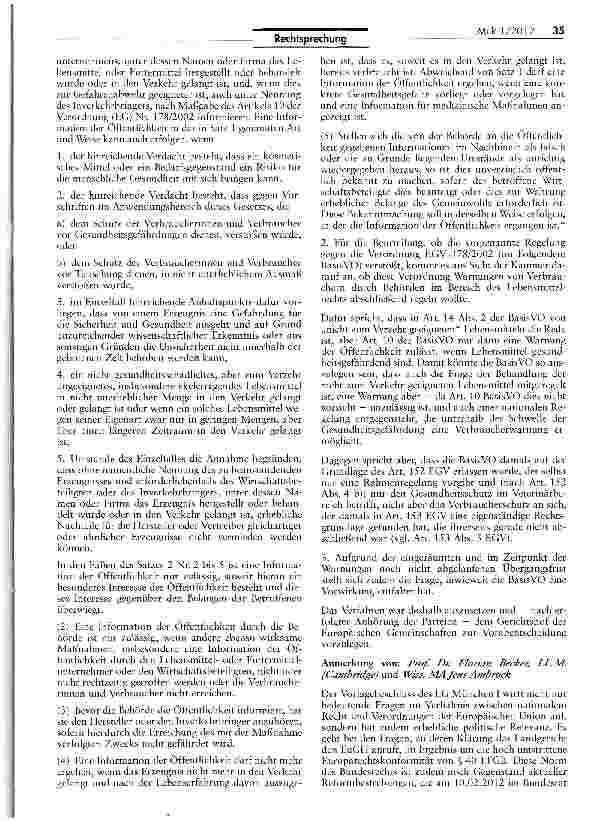 Vorschauseite 4: Zur Zulässigkeit einer Verbraucherwarnung (Gammelfleisch) LFGB § 40