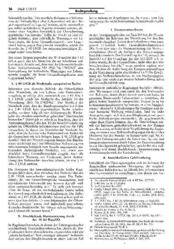 Vorschauseite 5: Zur Zulässigkeit einer Verbraucherwarnung (Gammelfleisch) LFGB § 40