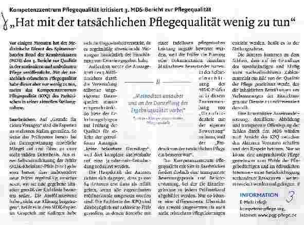Vorschauseite 1: Kompetenzzentrum Pflegequalität kritisiert 3. MDS-Bericht zur Pflegequalität„Hat mit der tatsächlichen Pflegequalität wenig zu tun