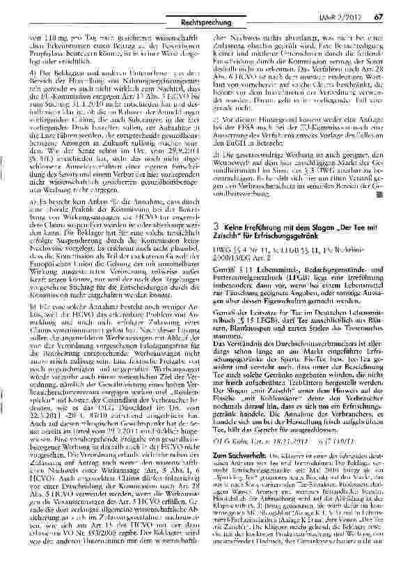 Vorschauseite 1: Keine Irreführung mit dem Slogan „Der Tee mit Zzischh für ErfrischungsgetränkUWG S$ 4 Nr. 11, 5; LFGB §§ 11, 15; Richtlinie 2000/13/EG Art. 2