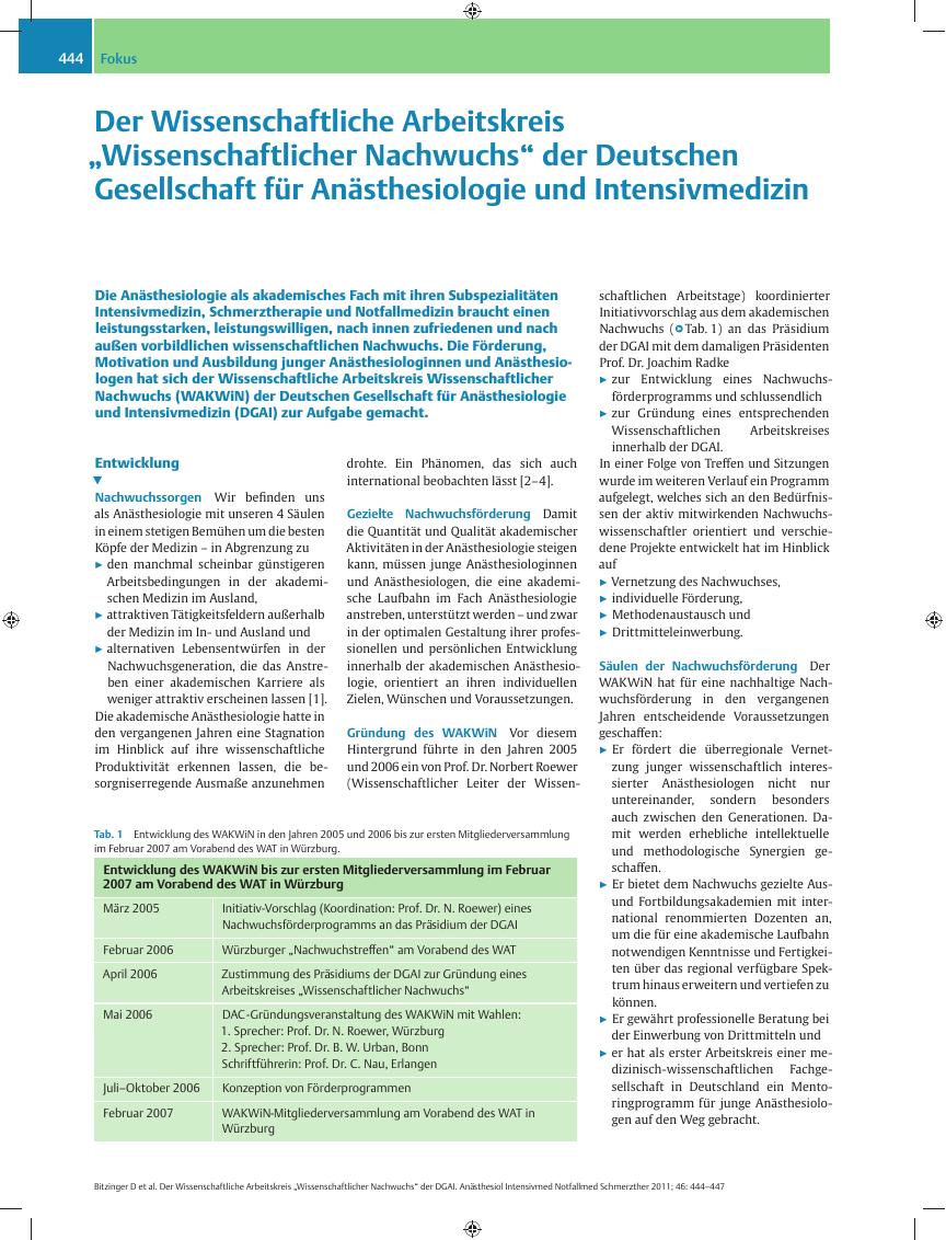 Vorschauseite 1: Der Wissenschaftliche Arbeitskreis „Wissenschaftlicher Nachwuchs“ der Deutschen Gesellschaft für Anästhesiologie und Intensivmedizin