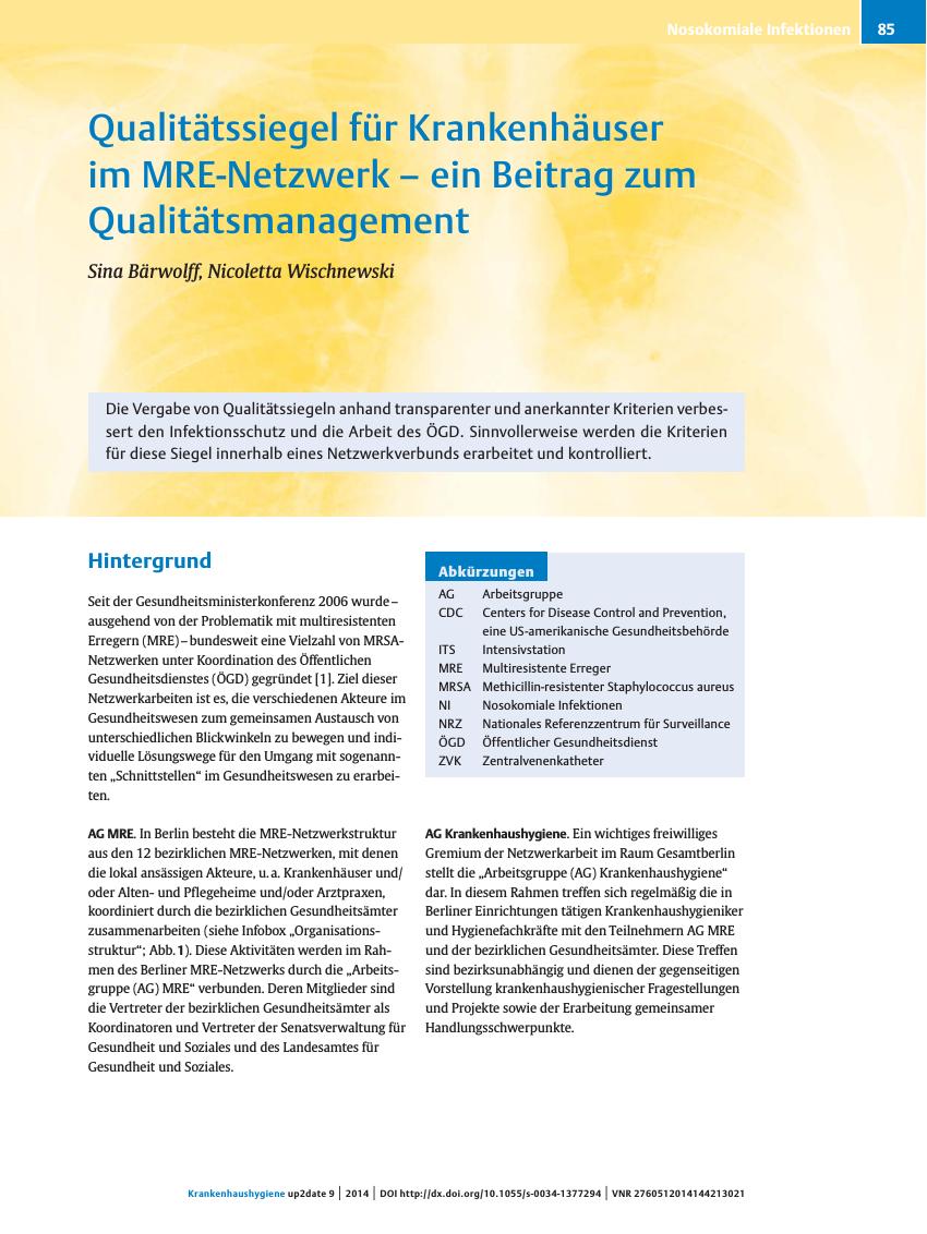 Vorschauseite 1: Qualitätssiegel für Krankenhäuser im MRE-Netzwerk ? ein Beitrag zum Qualitätsmanagement