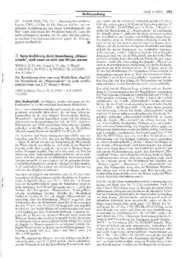 Vorschauseite 1: Keine Irreführung durch Bezeichnung „Winzerschorle, auch wenn sie nicht vom Winzer stammt WEING SS 25 Abs. 1 und 2, 31 Abs. 7; WeinV § 38; LFGB § 39; POG § 9; VO (EG) Nr. 607/2009…