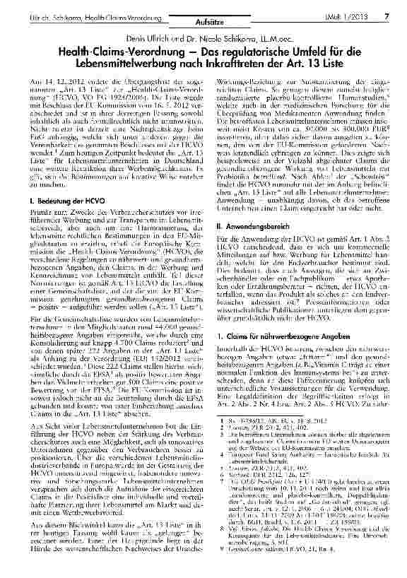 Vorschauseite 1: Health-Claims-Verordnung - Das requlatorische Umfeld für die Lebensmittelwerbung nach Inkrafttreten der Art. 13 Liste