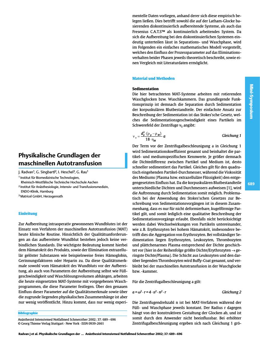 Vorschauseite 1: Physikalische Grundlagen der maschinellen Autotransfusion
