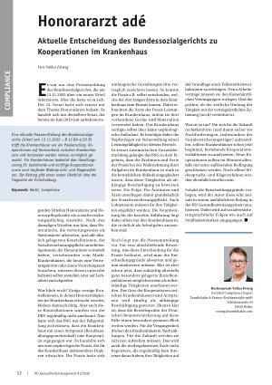 Vorschauseite 1: Honorararzt adé Aktuelle Entscheidung des Bundessozialgerichts zu Kooperationen im Krankenhaus