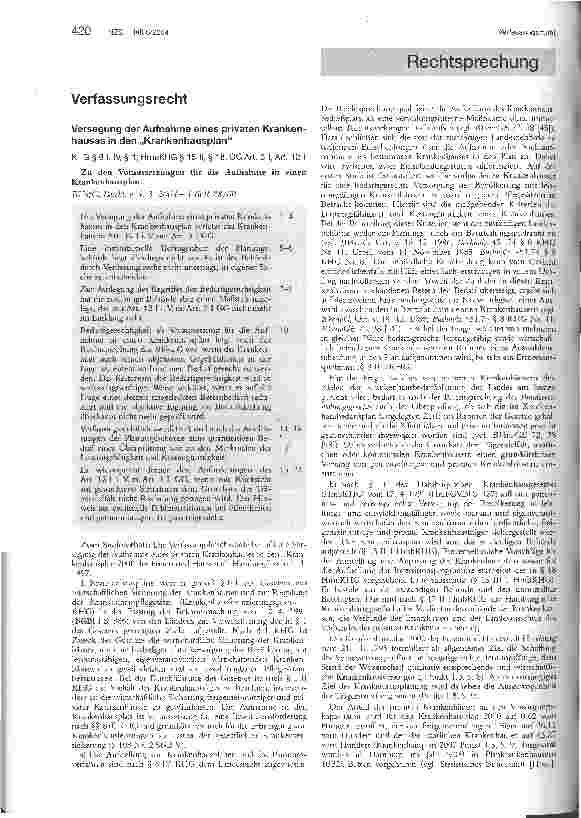 Vorschauseite 1: VerfassungsrechtVersagung der Aufnahme eines privaten Krankenhauses in den Krankenhausplan