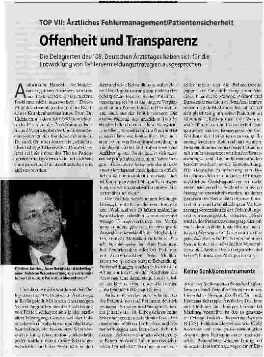 Vorschauseite 1: Offenheit und TransparenzDie Delegierten des 108. Deutschen Ärztetages haben sich für die Entwicklung von Fehlervermeidungsstrategien ausgesprochen.