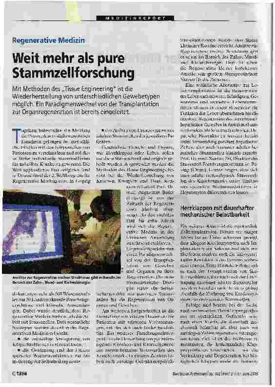 Vorschauseite 1: MEDIZINREPORT Regenerative MedizinWeit mehr als pure Stammzellforschung