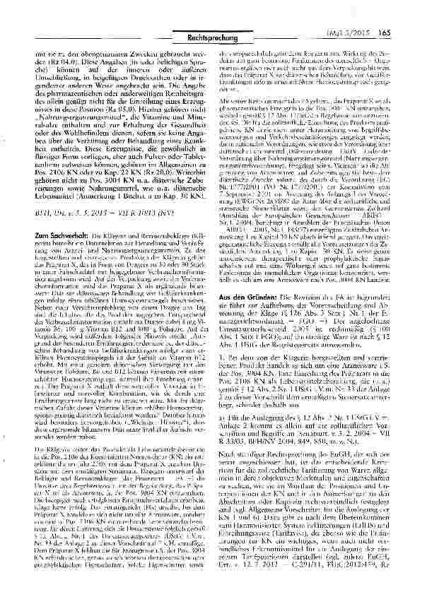 Vorschauseite 2: Zolltarifliche Einreihung eines Produkts zur diätetischen Behandlung von Gefäßerkrankungen als Arzneiware KN Pos. 3004, 2106; UStG § 12 I; DiätV § 1 IV Buchst, a