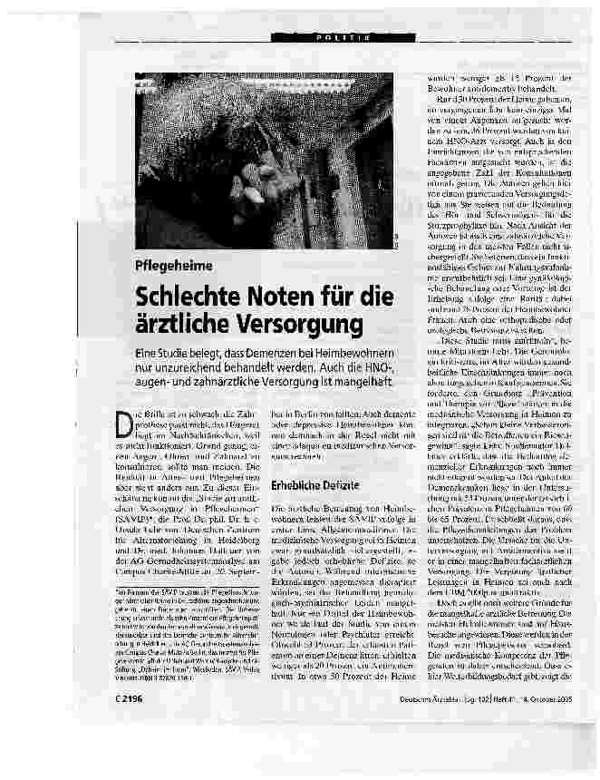 Vorschauseite 1: Pflegeheime - Schlechte Noten für ärztliche Versorgung