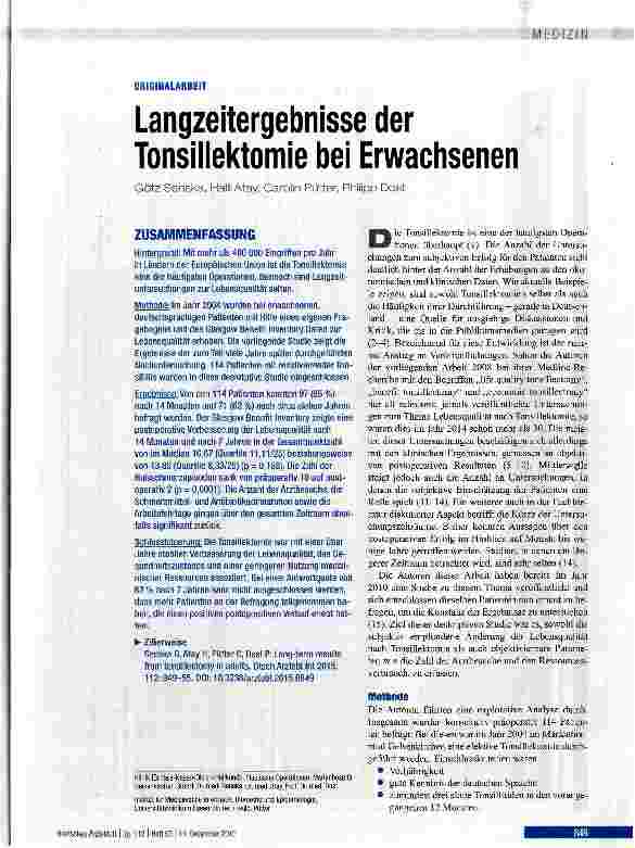 Vorschauseite 1: Langzeitergebnisse der Tonsillektomie bei Erwachsenen