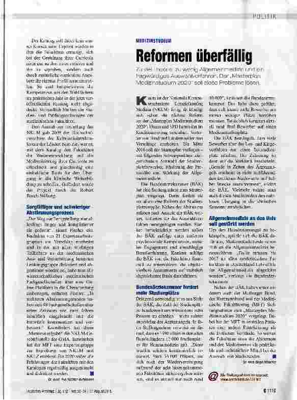 Vorschauseite 1: MEDIZINSTUDIUMReformen überfällig
