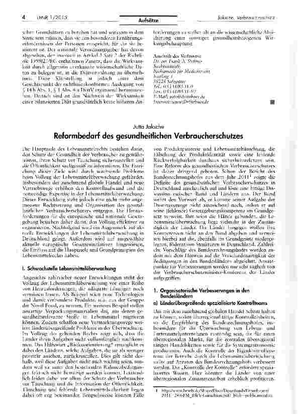 Vorschauseite 1: Reformbedarf des gesundheitlichen Verbraucherschutzes