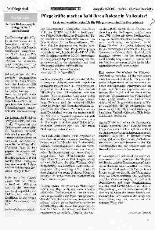 Vorschauseite 1: Pflegekräfte machen bald ihren Doktor in Vallendar!Erste universitäre Fakultät für Pflegewissenschalt in Deutschland