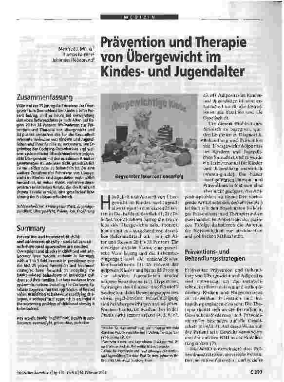 Vorschauseite 1: Prävention und Therapie von Übergewicht im Kindesund Jugendalter