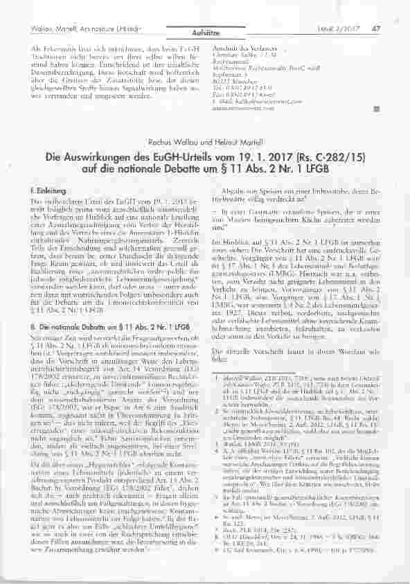 Vorschauseite 1: Die Auswirkungen des EuGH-Urteils vom 19. 1.2017 (Rs. C-282/15)auf die nationale Debatte um § 11 Abs. 2 Nr. 1 LFGB