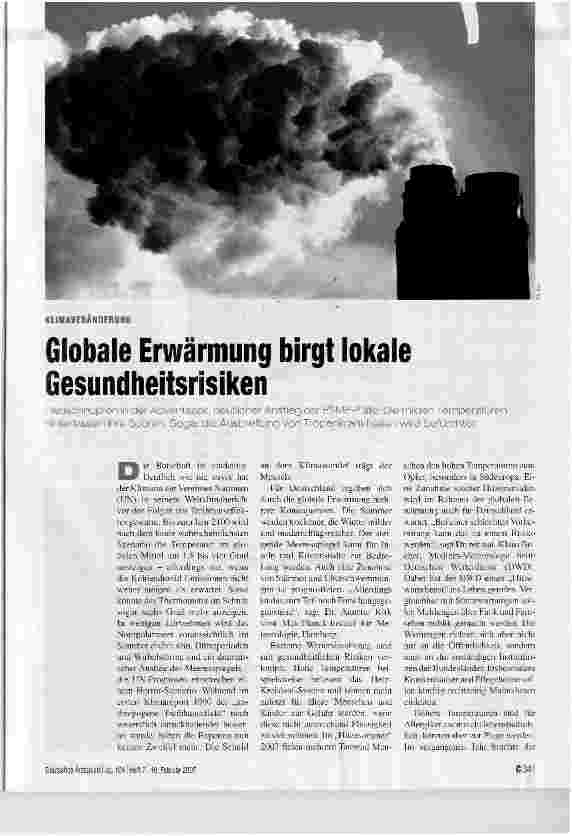 Vorschauseite 1: Globale Erwärmung birgt lokale Gesundheitsrisiken