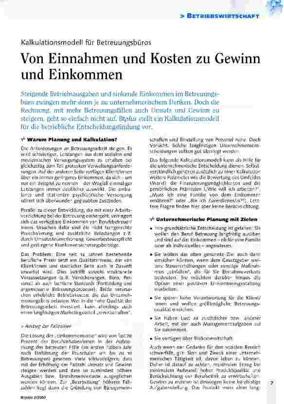 Vorschauseite 1: Kalkulationsmodell für Betreuungsbüros - Von Einnahmen und Kosten zu Gewinn und Einkommen