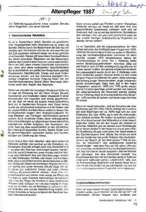 Vorschauseite 1: Altenpfleger 1987 // Die Entwicklungsgeschichte eines sozialen Berufes, seine Gegenwart und seine Zukunft