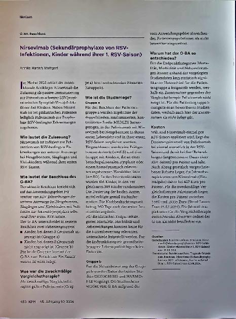Vorschauseite 1: Nirsevimab (Sekundärprophylaxe von RSV-Infektionen, Kinder während ihrer 1. RSV-Saison)