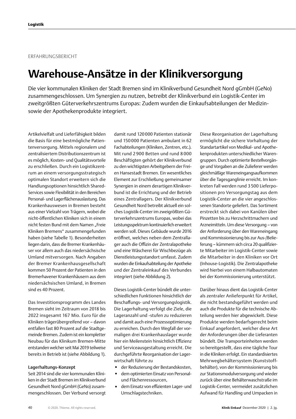 Vorschauseite 1: Erfahrungsbericht: Warehouse-Ansätze in der Klinikversorgung