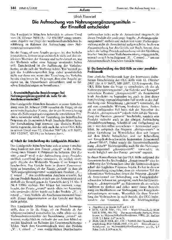 Vorschauseite 1: Die Aufmachung von Nahrungsergänzungsmitteln — der Einzelfall entscheidet