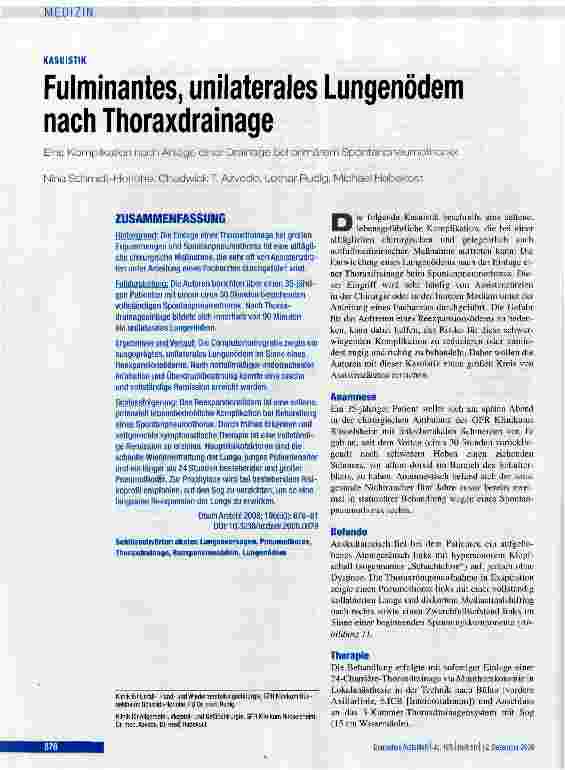 Vorschauseite 1: Fulminantes, unilaterales Lungenödem nach Thoraxdrainage
