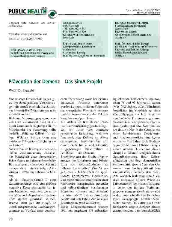 Vorschauseite 1: Prävention der Demenz - Das SimA-Projekt