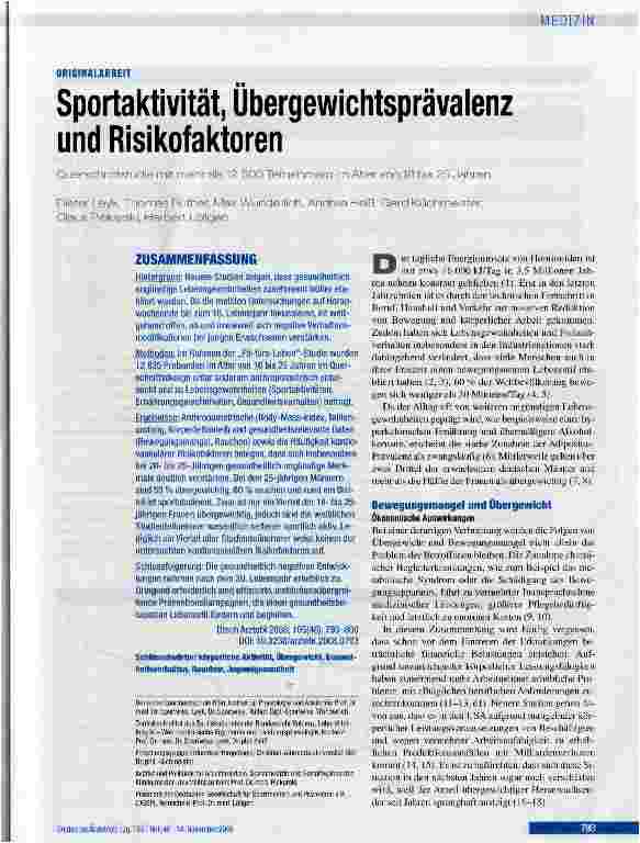 Vorschauseite 1: Sportaktivität, Ubergewichtsprävalenz und Risikofaktoren
