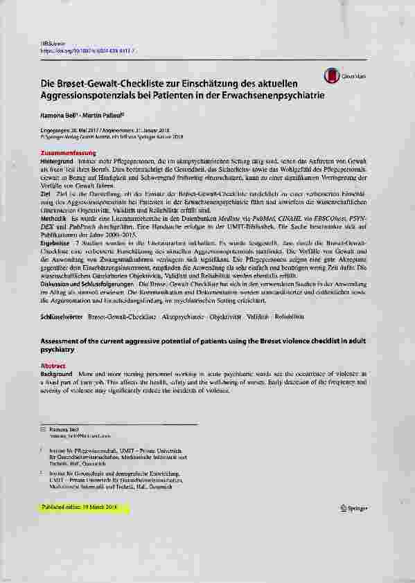 Vorschauseite 1: Die Broset-Gewalt-Checkliste zur Einschätzung des aktuellen Aggressionspotenzials bei Patienten in der Erwachsenenpsychiatrie