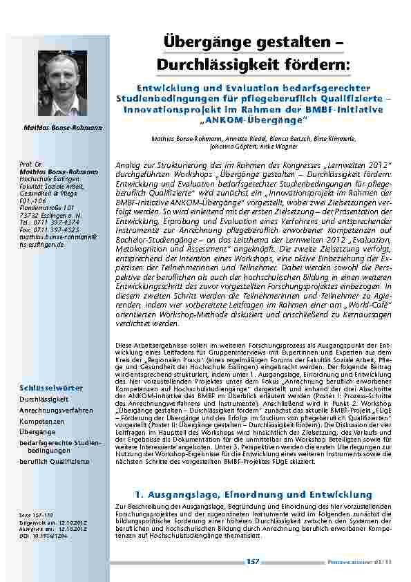 Vorschauseite 1: Übergänge gestalten – Durchlässigkeit fördern: Entwicklung und Evaluation bedarfsgerechter Studienbedingungen für pflegeberuflich Qualifizierte – Innovationsprojekt im Rahmen der…