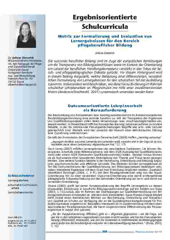 Vorschauseite 1: Ergebnisorientierte Schulcurricula – Matrix zur Formulierung und Evaluation von Lernergebnissen für den Bereich pflegeberuflicher Bildung