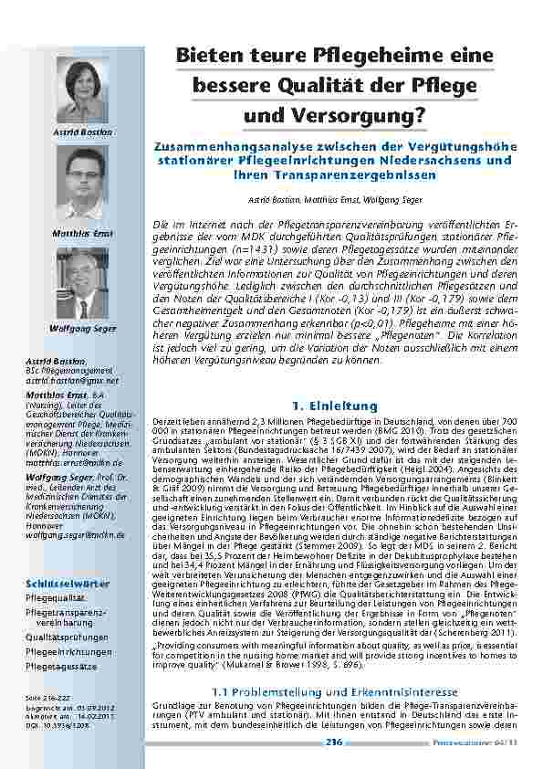 Vorschauseite 1: Bieten teure Pflegeheime eine bessere Qualität der Pflege und Versorgung? Zusammenhangsanalyse zwischen der Vergütungshöhe stationärer Pflegeeinrichtungen Niedersachsens und ihren…