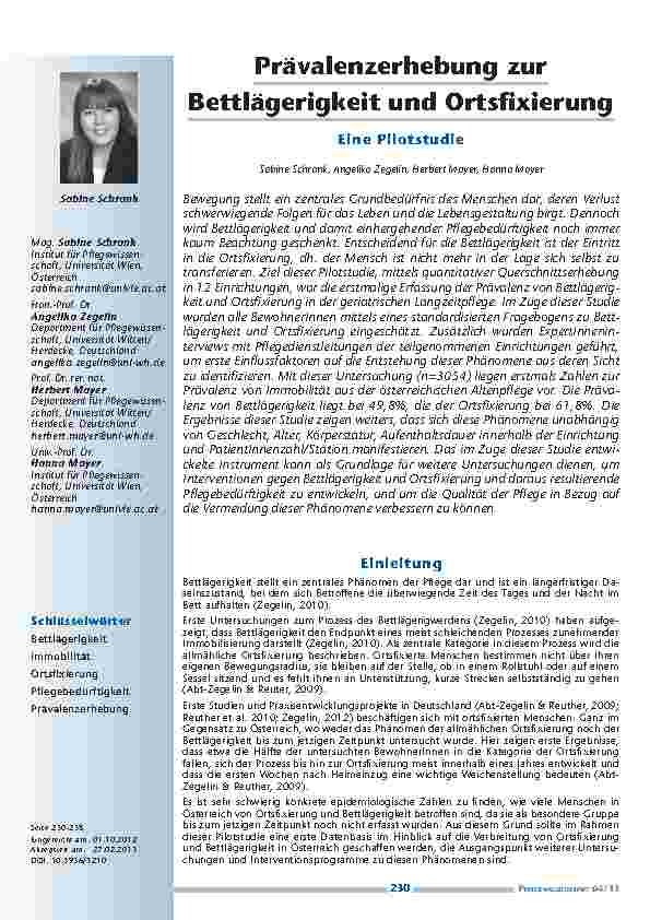 Vorschauseite 1: Prävalenzerhebung zur Bettlägerigkeit und Ortsfixierung – eine Pilotstudie