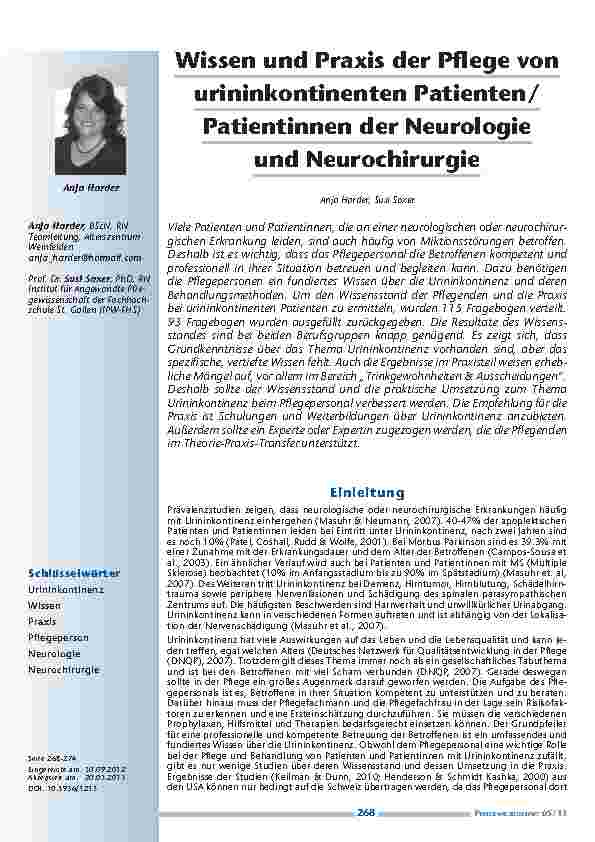 Vorschauseite 1: Wissen und Praxis der Pflege von urininkontinenten Patienten/Patientinnen der Neurologie und Neurochirurgie