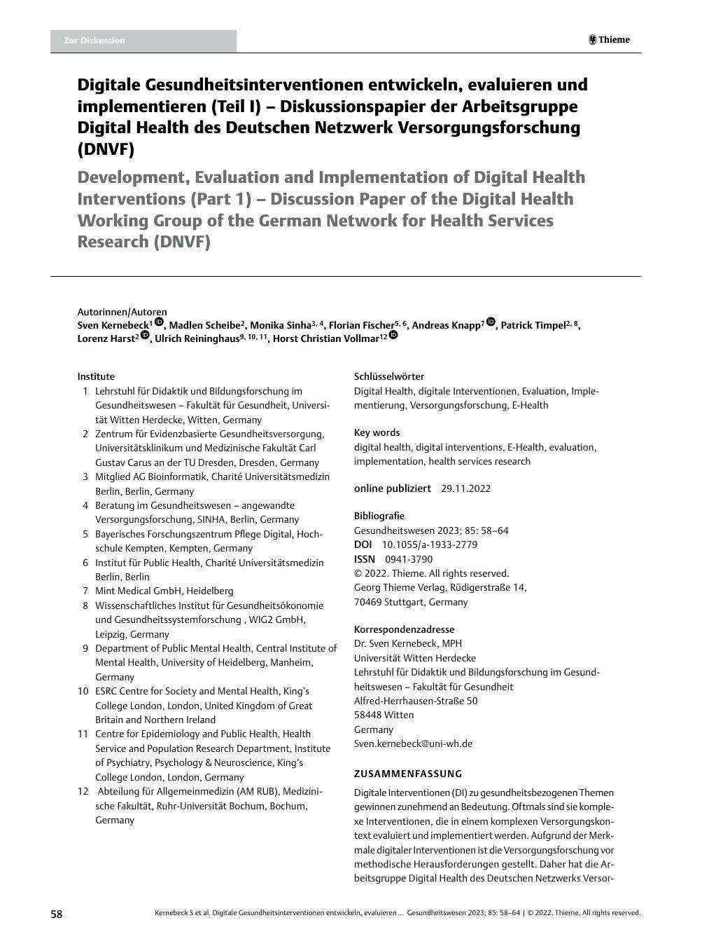 Vorschauseite 1: Digitale Gesundheitsinterventionen entwickeln, evaluieren und implementieren (Teil I) – Diskussionspapier der Arbeitsgruppe Digital Health des Deutschen Netzwerks Versorgungsforsc…