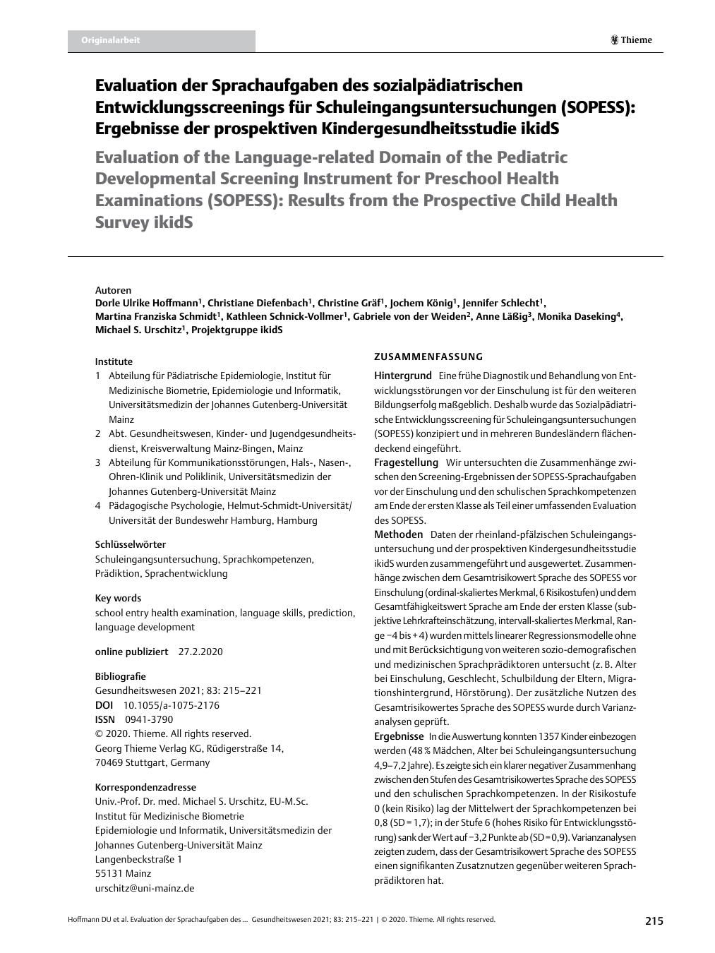 Vorschauseite 1: Evaluation der Sprachaufgaben des sozialpädiatrischen Entwicklungsscreenings für Schuleingangsuntersuchungen (SOPESS): Ergebnisse der prospektiven Kindergesundheitsstudie ikidS