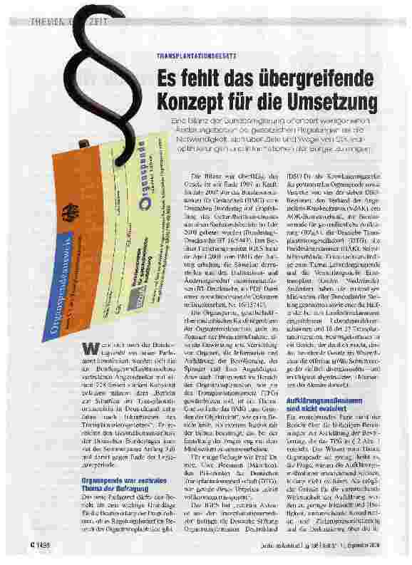 Vorschauseite 1: TRANSPLANTATIONSGESETZ Es fehlt das übergreifende Konzept für die Umsetzung