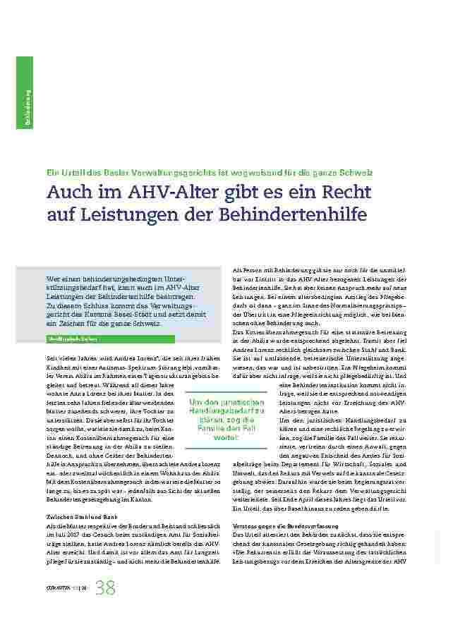 Vorschauseite 1: Auch im AHV-Alter gibt es ein Recht auf Leistungen der Behindertenhilfe.